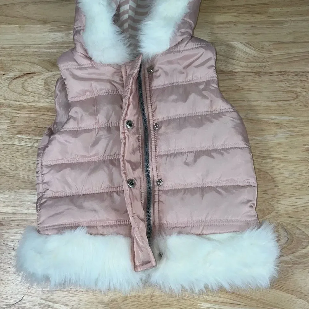 Lilly Wicket, Zip Up Puffer Vest, Faux Fur Lined Hood, Girls Toddler Baby 12M
